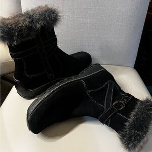 7 Black Faux Fur Mid Calf Boots Genuine Leather